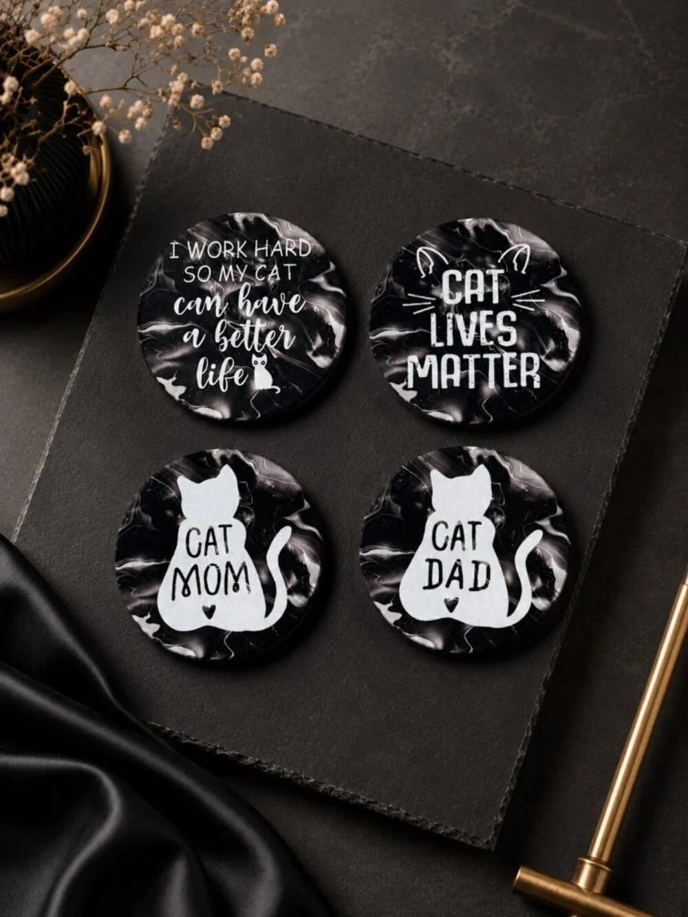 NWT Cat Lover Neoprene Coaster Set of 4 | Cat Mom Cat Dad Funny Drink Coasters